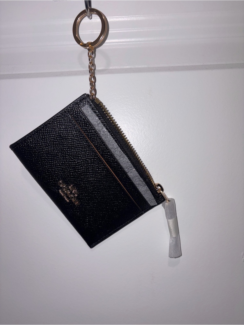 Coach Black Saffiano Leather Card Case with Gold Key Ring